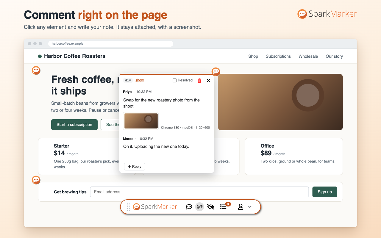 A web page with SparkMarker markers on it and an open comment with a reply