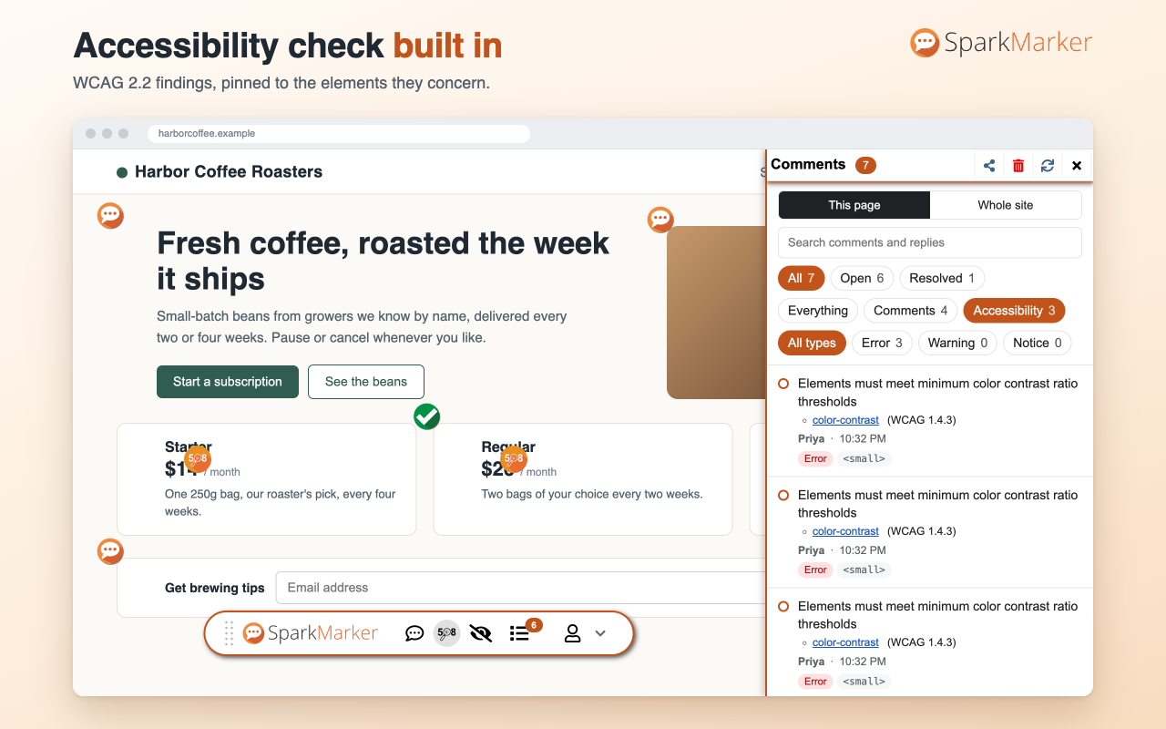 Accessibility findings pinned to elements of a page