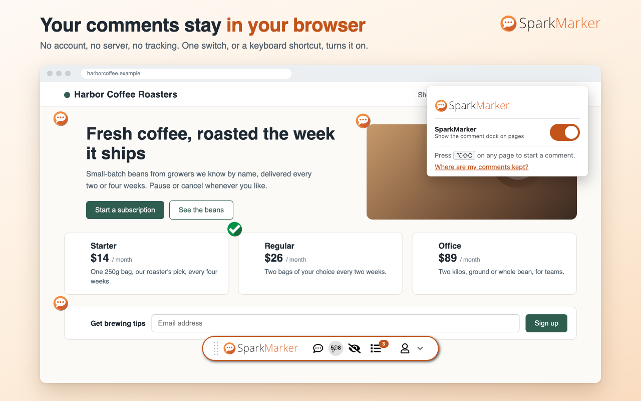 The options page, stating that data stays in the browser